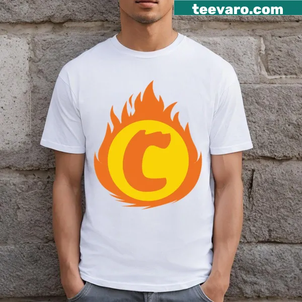 Fire insignia with letter C on a bold superhero T-shirt