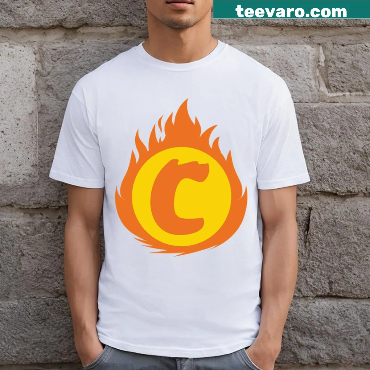 Fire insignia with letter C on a bold superhero T-shirt — on a men's t-shirt