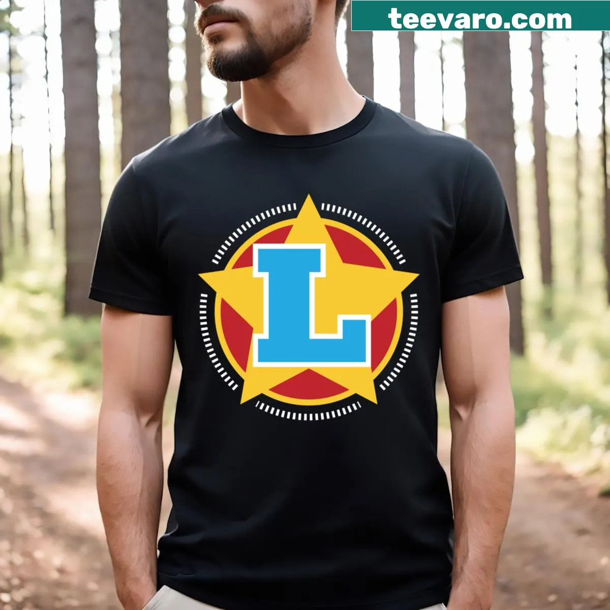 Letter L with stars and stripes in superhero style on T-shirt — on a men's t-shirt