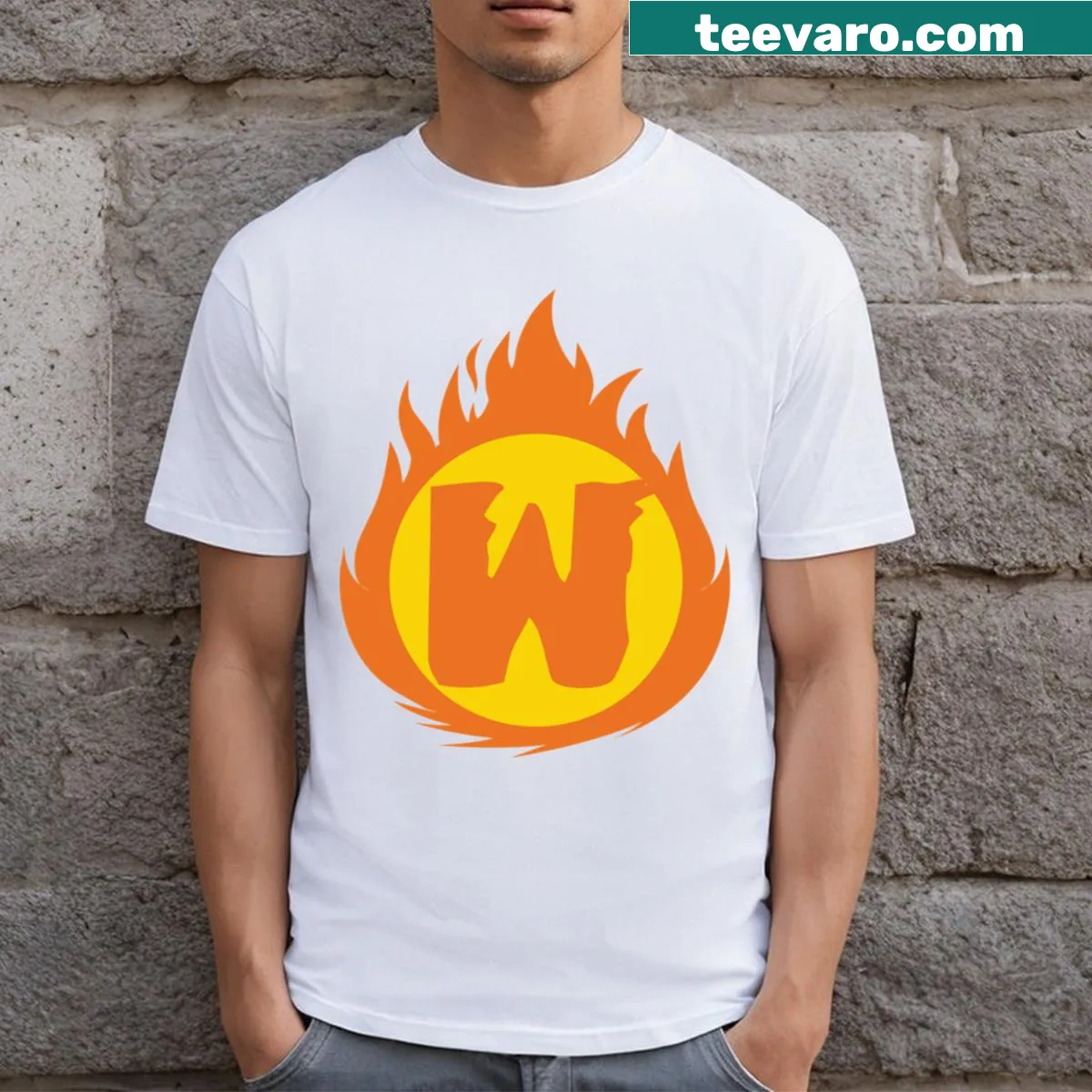 Fire insignia shaped like the letter W on a T-shirt — on a men's t-shirt
