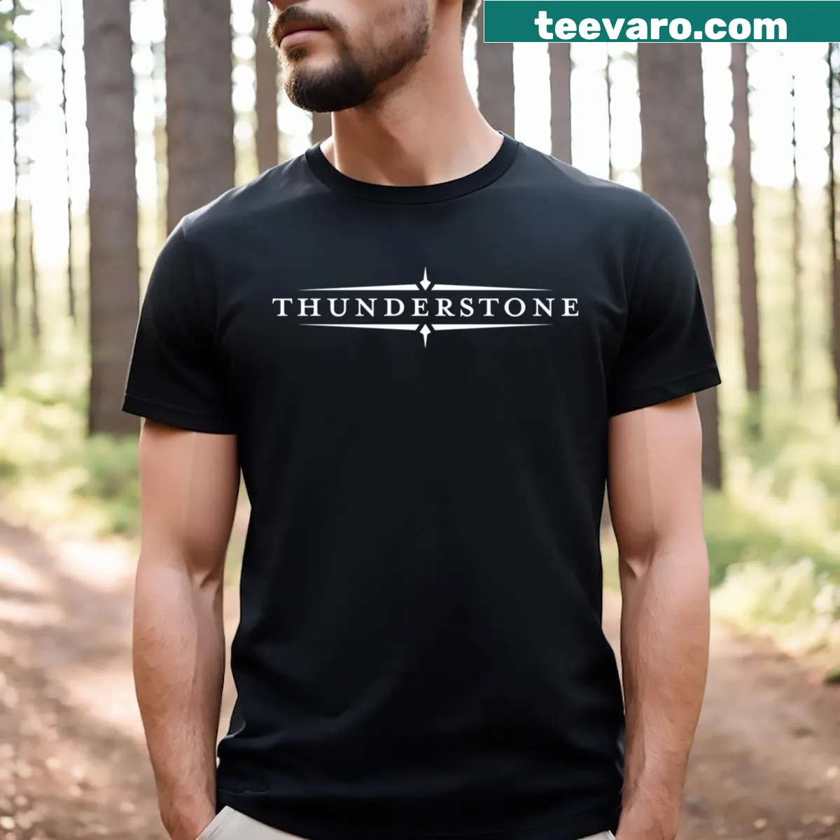 Thunderstone band graphic T-shirt with bold logo illustration — on a men's t-shirt