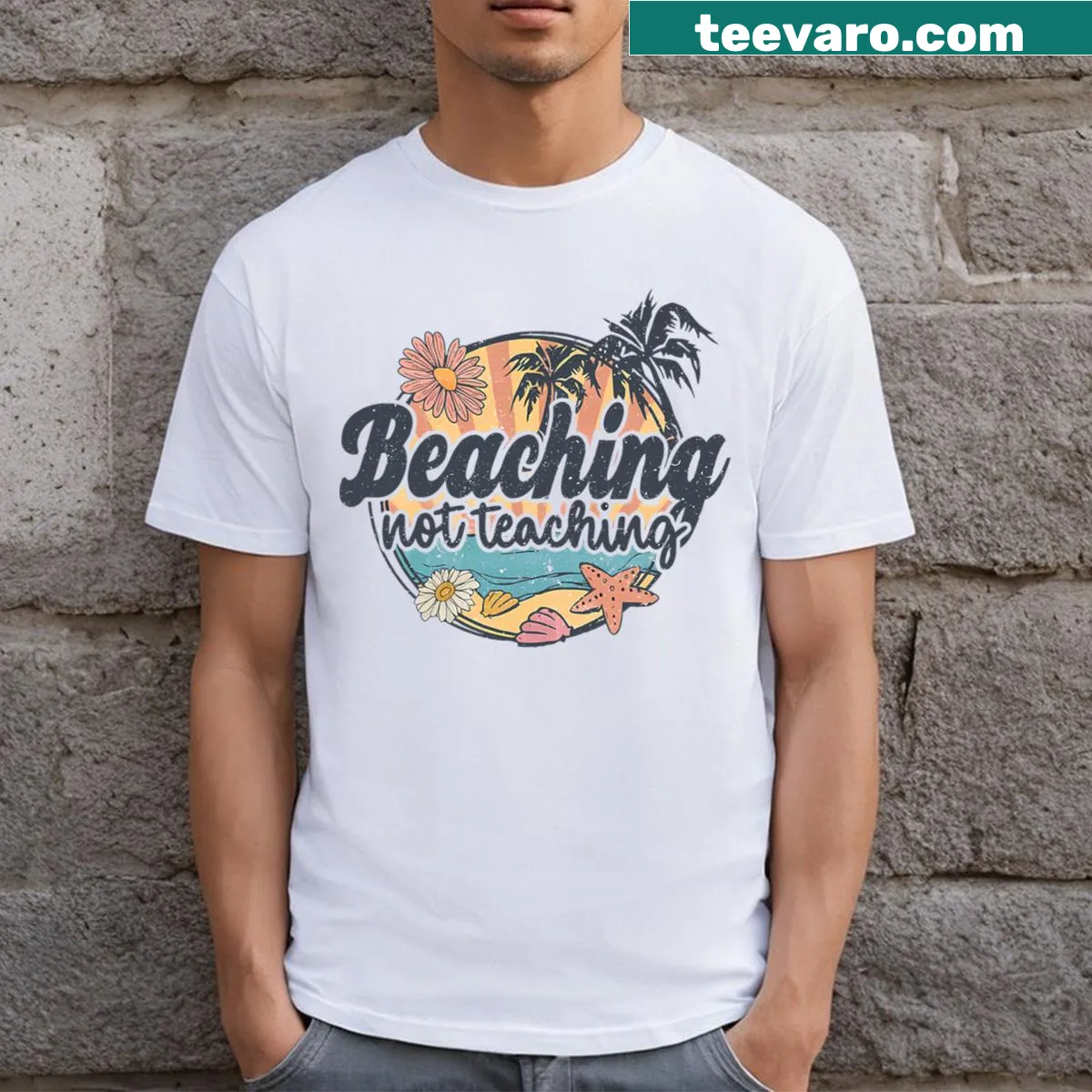 Vintage-style shirt with funny slogan about summer break for teachers — on a men's t-shirt