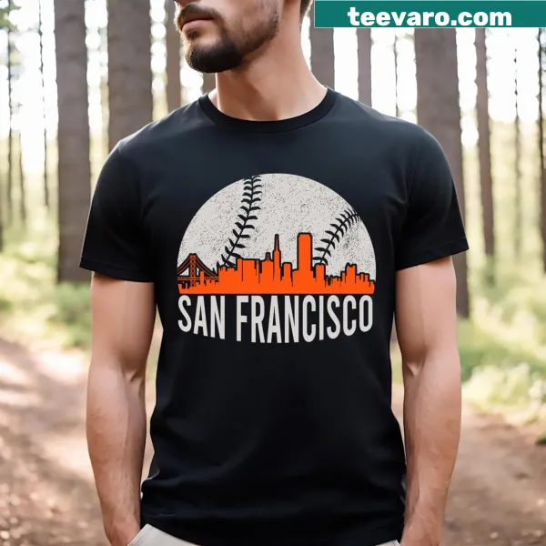 Vintage-style shirt featuring San Francisco skyline with baseball theme