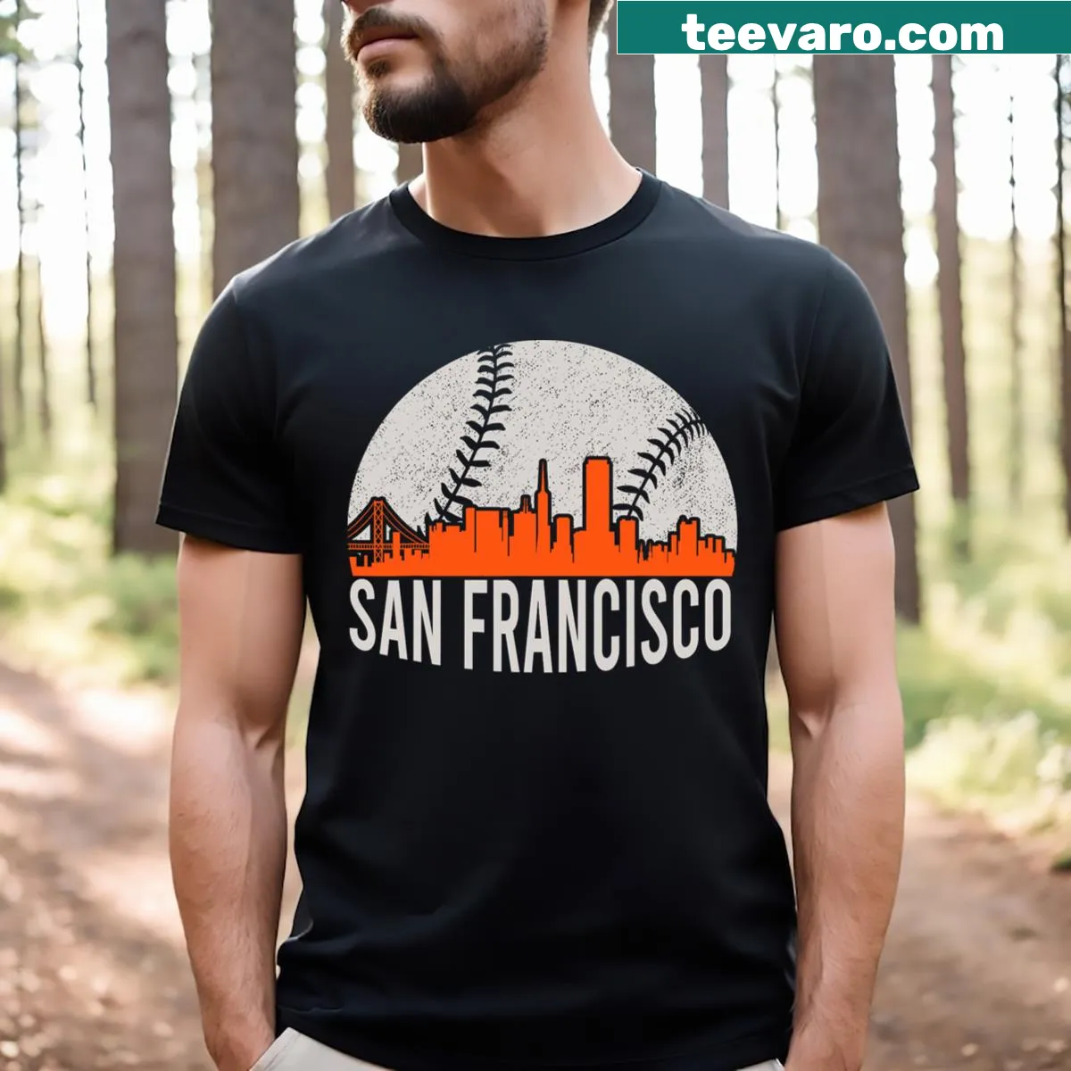 Vintage-style shirt featuring San Francisco skyline with baseball theme — on a men's t-shirt