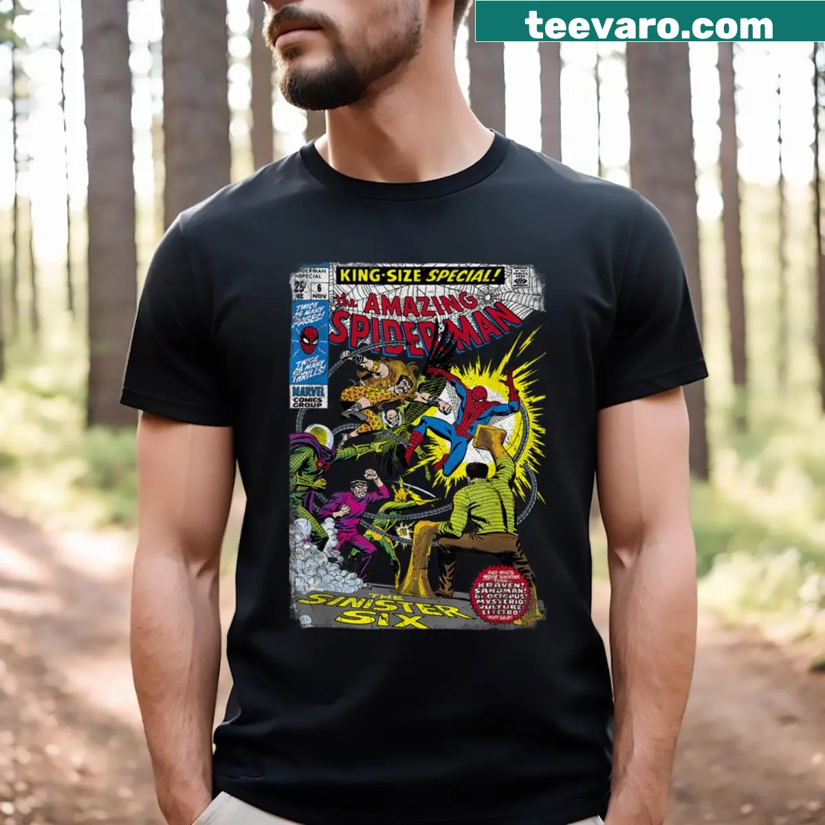 Vintage comic-inspired t-shirt with a spider superhero graphic — on a men's t-shirt