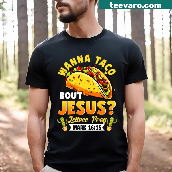 Funny cartoon tee with taco and religious theme for men