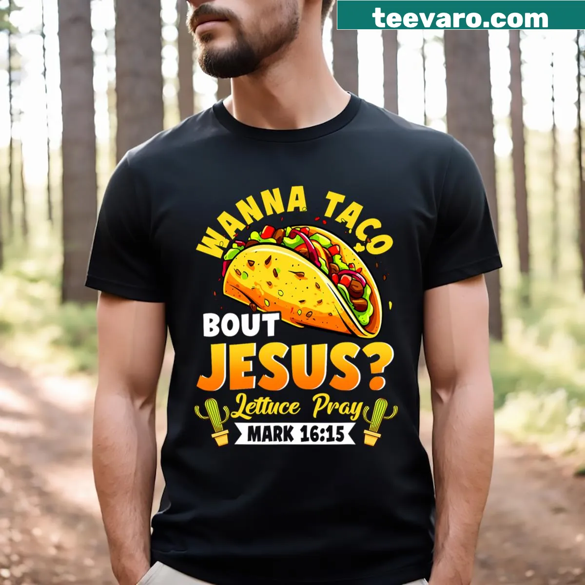 Funny cartoon tee with taco and religious theme for men — on a men's t-shirt