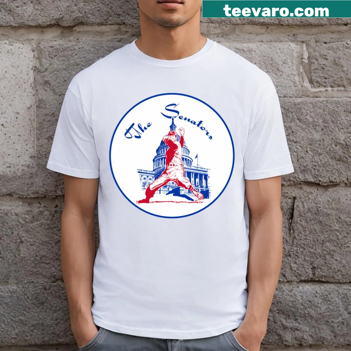 T-shirt displaying the Washington Senators alternate logo for baseball fans. — on a men's t-shirt