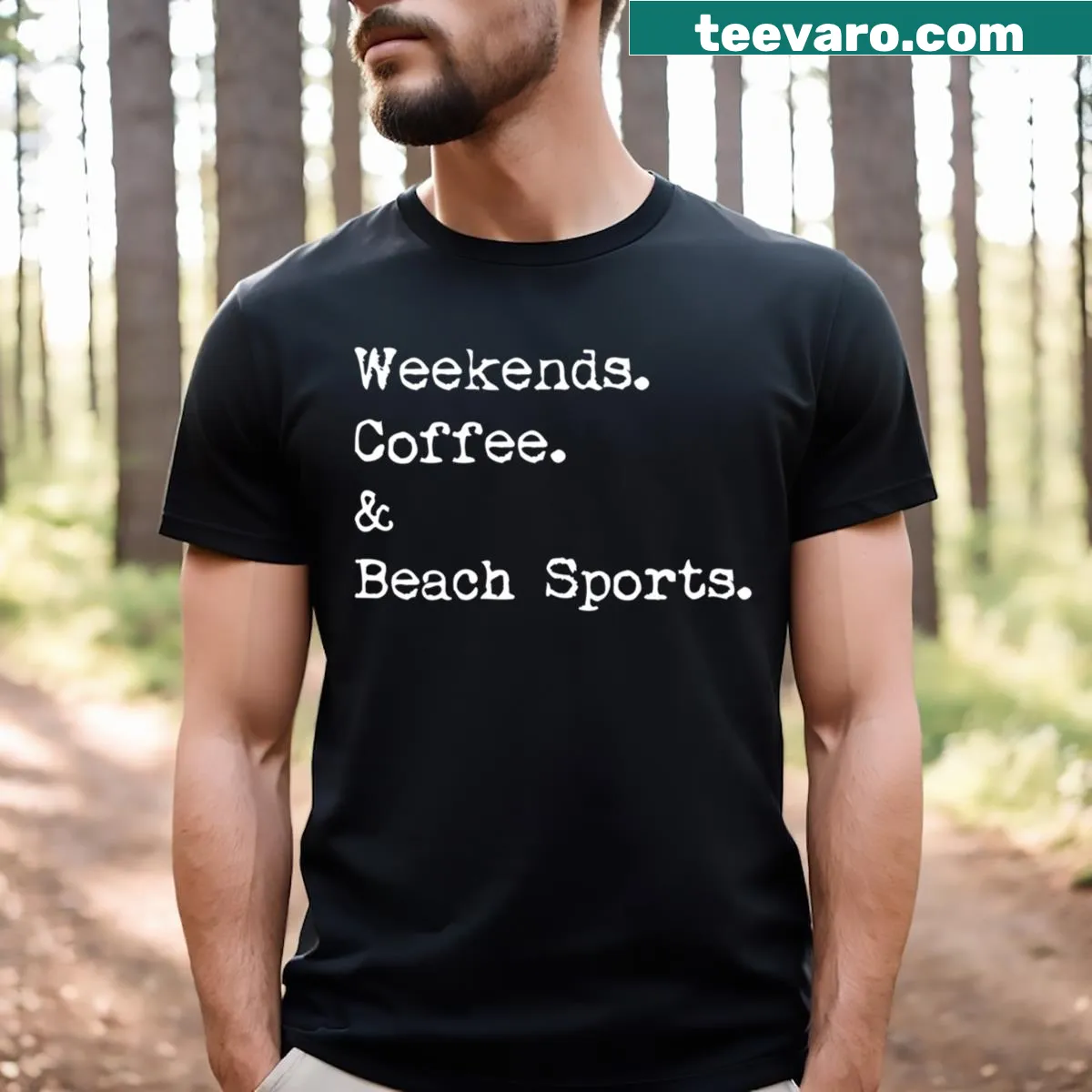 Funny beach sports t-shirt featuring coffee and beach activities — on a men's t-shirt