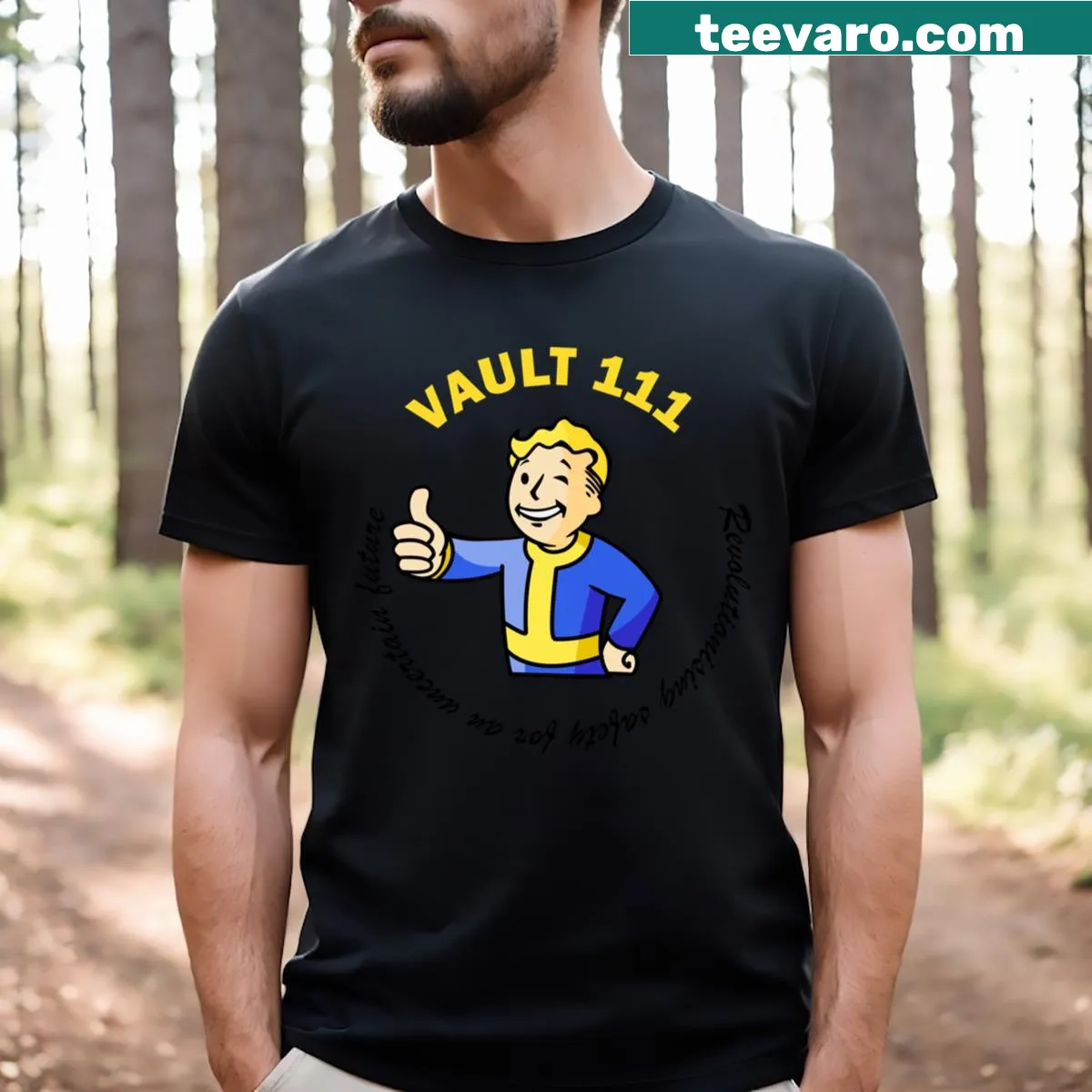 Sci-fi themed shirt featuring Vault 111 design — on a men's t-shirt