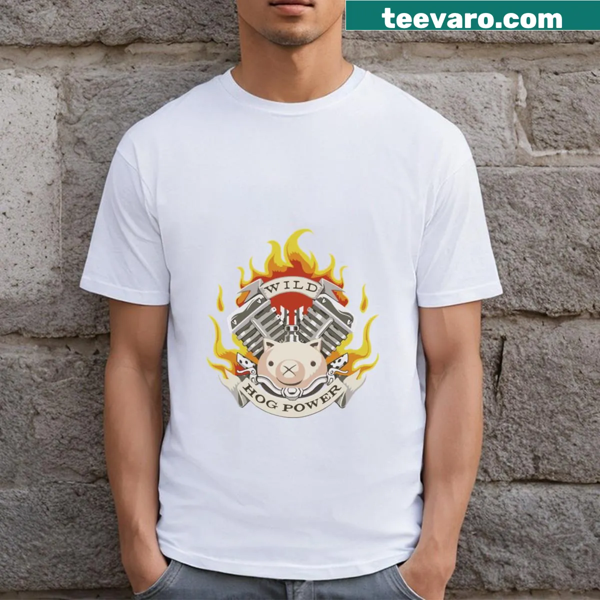 T-shirt featuring an illustration of wild hogs representing power — on a men's t-shirt