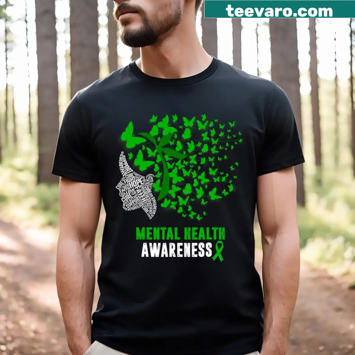 Butterflies and green ribbon graphic t-shirt promoting mental health awareness — on a men's t-shirt