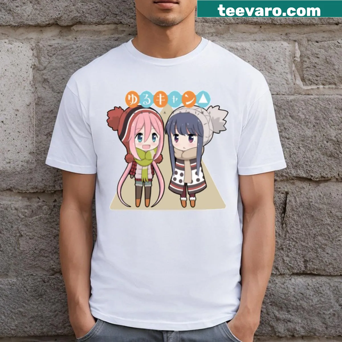 Illustrated T-shirt featuring main characters from Yuru Camp — on a men's t-shirt