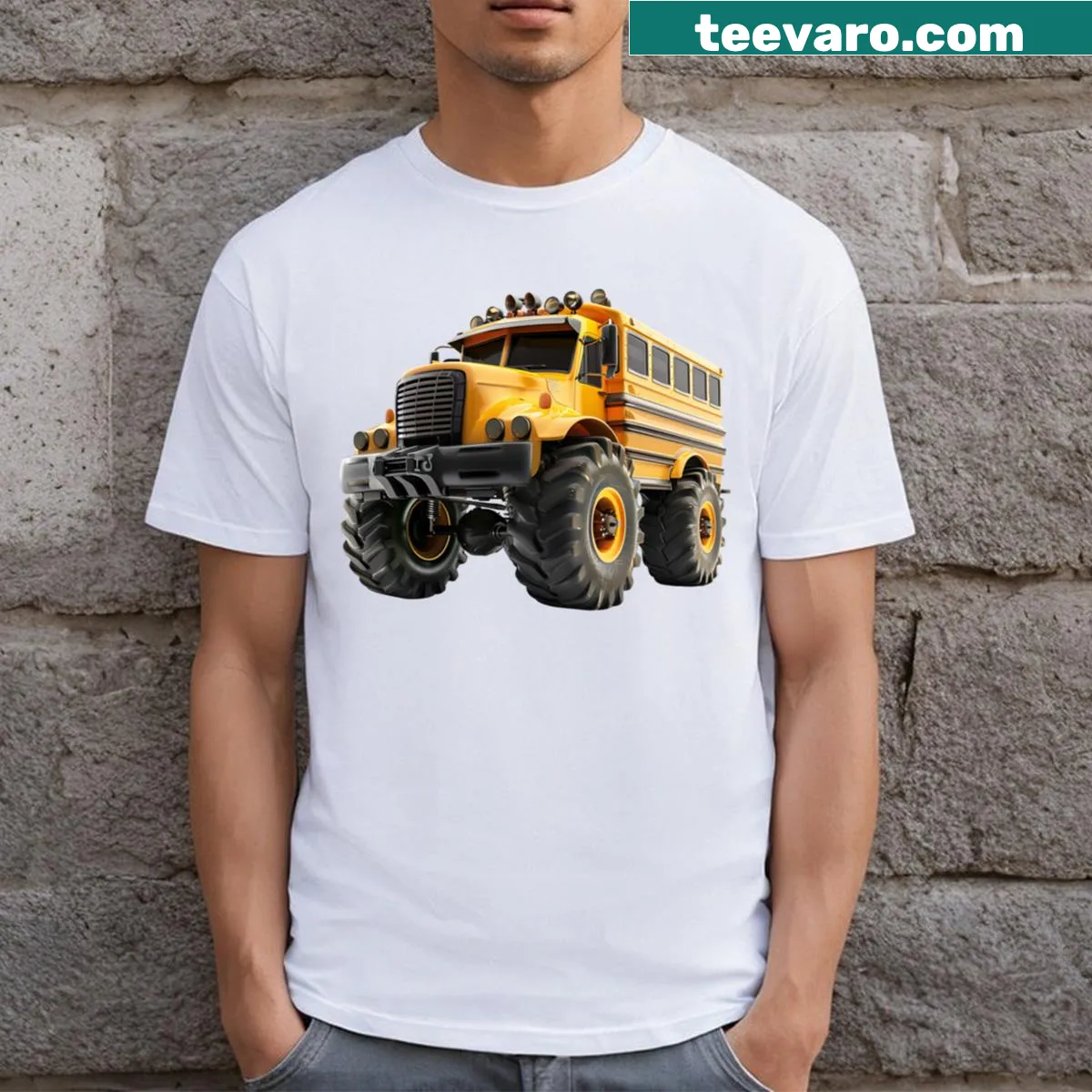 Cartoon monster truck themed shirt with playful design — on a men's t-shirt