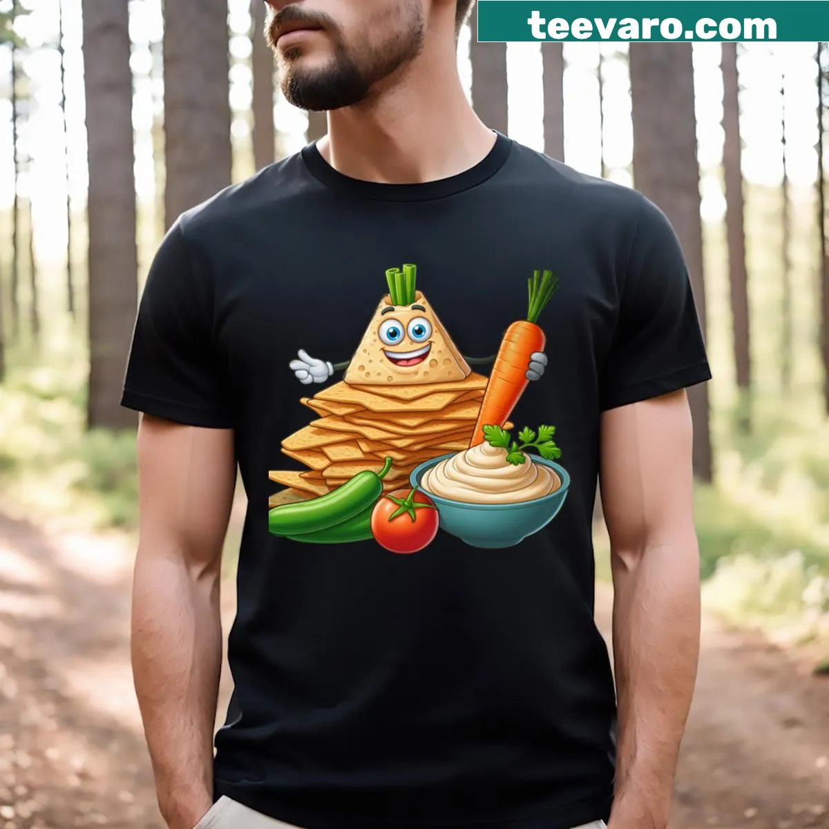Fun T-shirt featuring a hummus and pita chip pyramid illustration — on a men's t-shirt