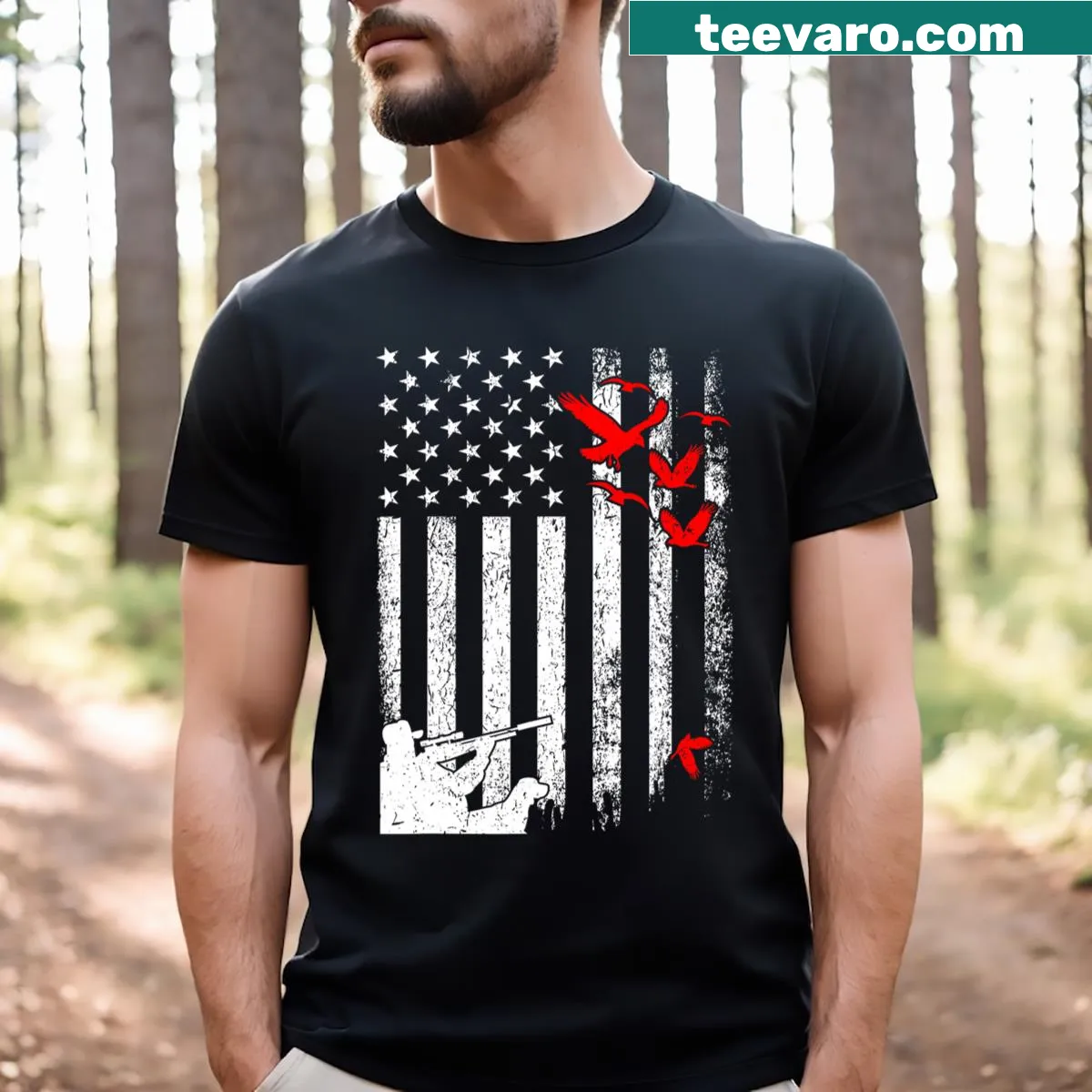 American flag and waterfowl illustration on duck hunting t-shirt — on a men's t-shirt