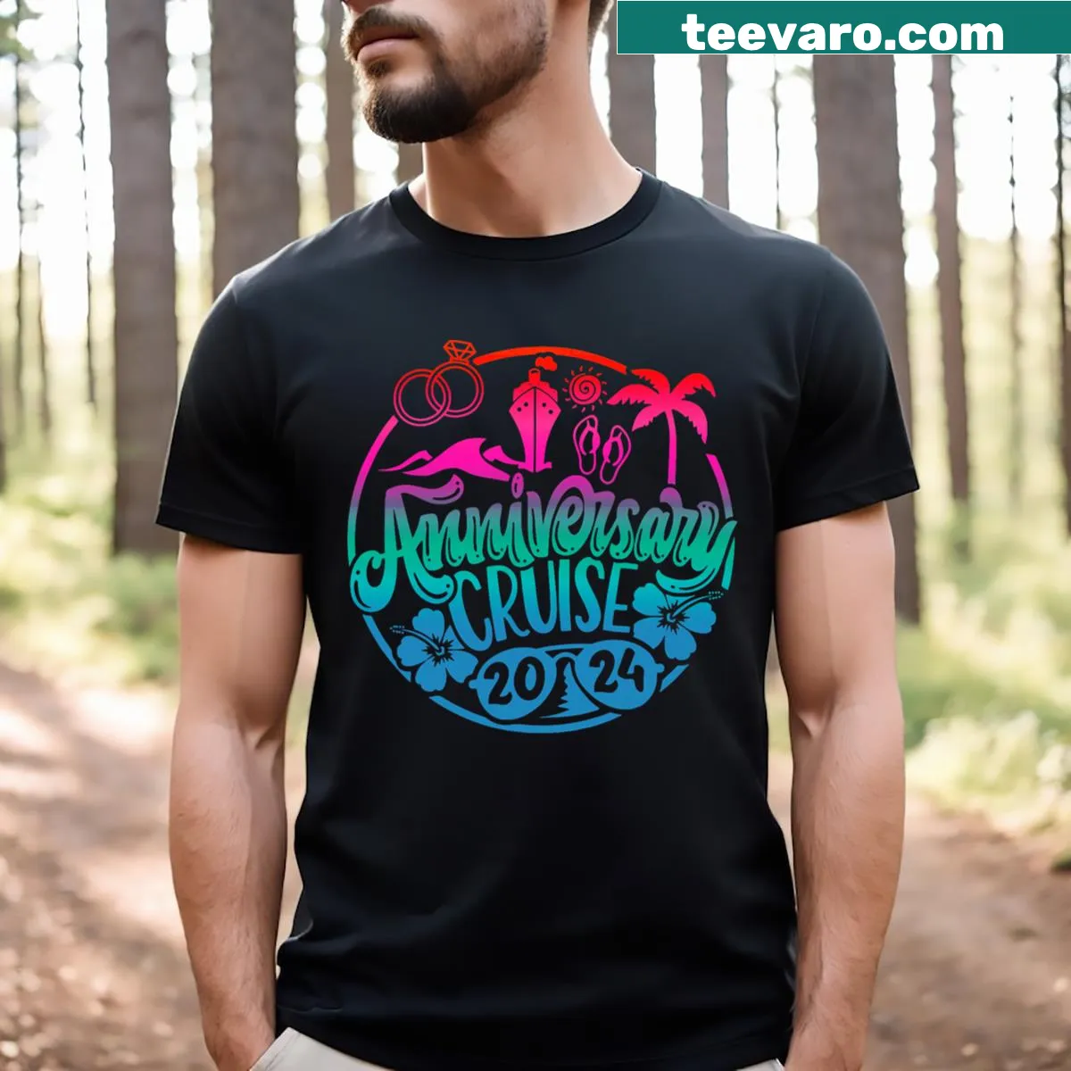 T-shirt celebrating 2024 anniversary cruise with playful typography — on a men's t-shirt