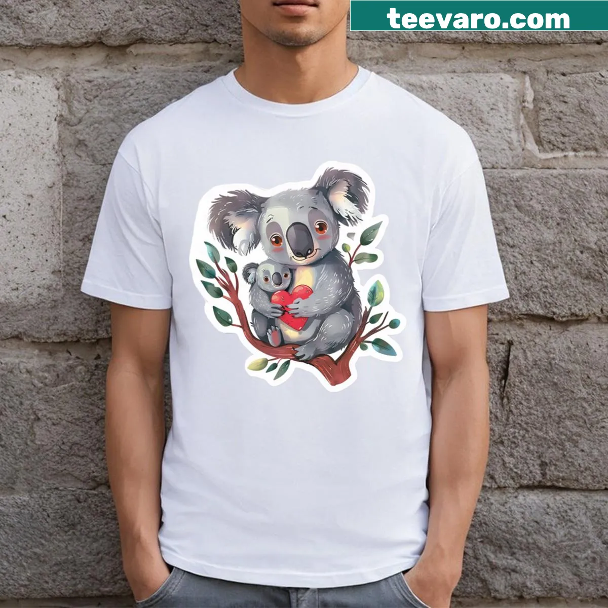 Cute t-shirt featuring a koala mom and baby with heart illustration — on a men's t-shirt