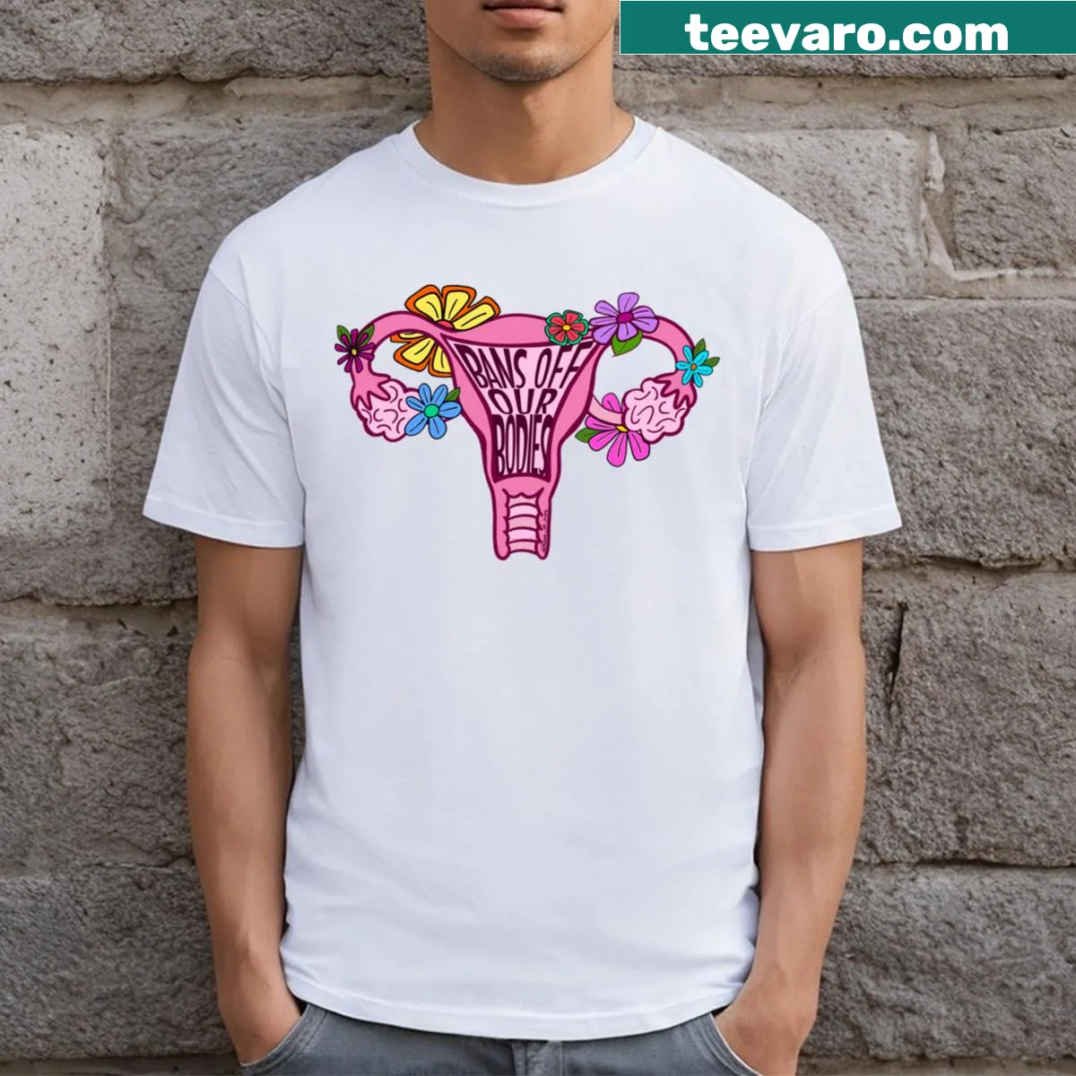 Floral illustration T-shirt with a message about body autonomy — on a men's t-shirt