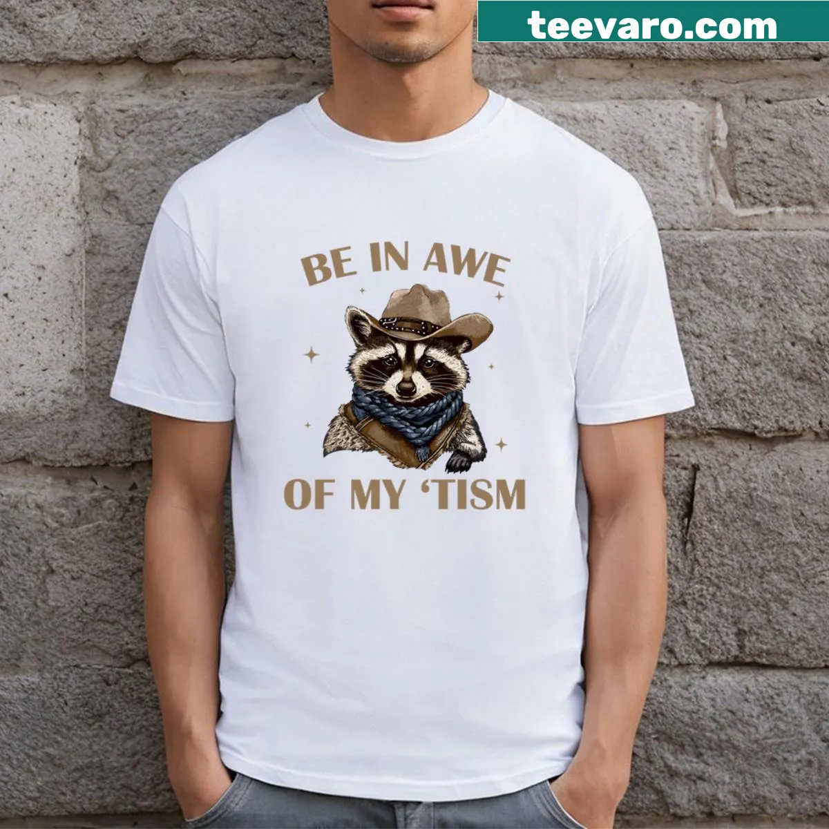 Funny raccoon in cowboy attire promoting autism awareness — on a men's t-shirt