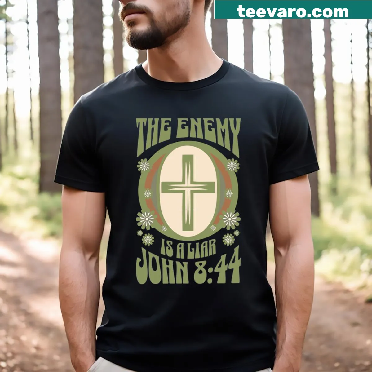 Bible scripture cross design from John 8:44 on a t-shirt — on a men's t-shirt
