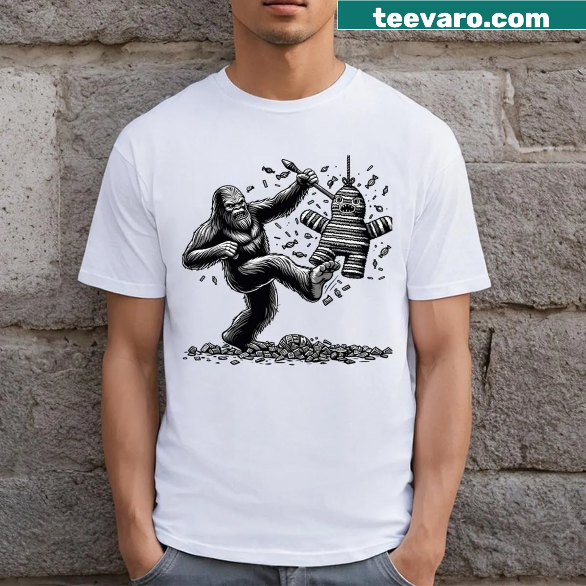 Bigfoot in festive attire for Cinco de Mayo — on a men's t-shirt