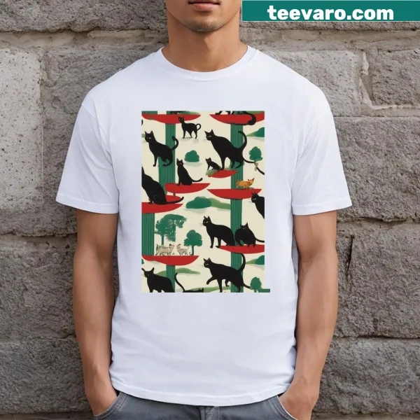 Illustrated black cats in various poses on a T-shirt.