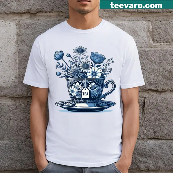 Illustration of a tea cup with blooming flowers on a T-shirt