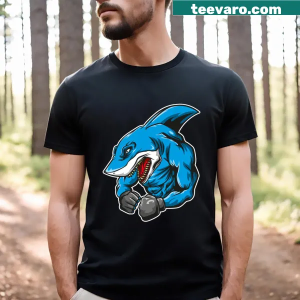 Cartoon shark in boxing gloves graphic t-shirt