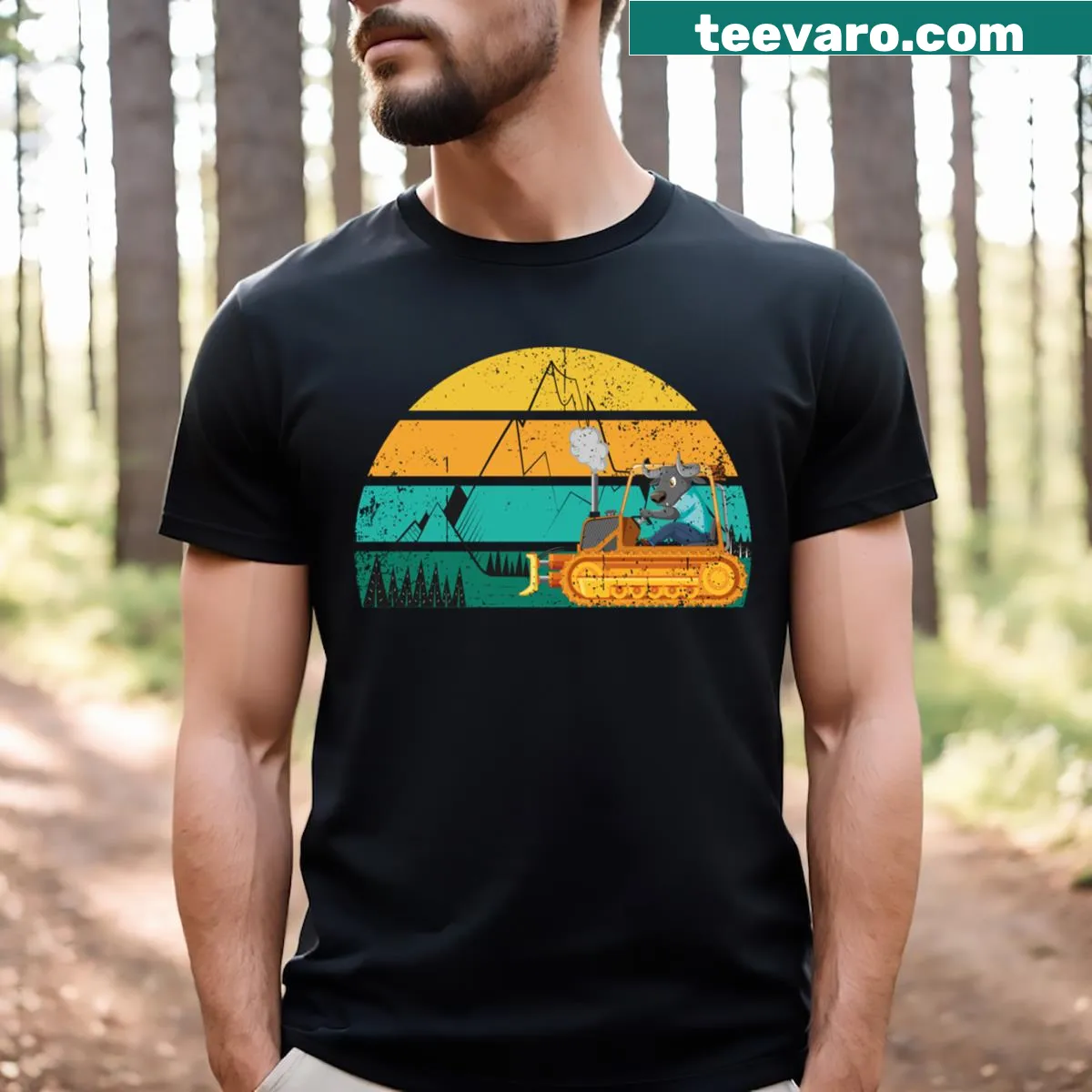 Playful illustration of a buffalo driving an excavator on a T-shirt — on a men's t-shirt
