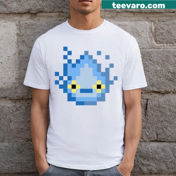 Minimalist T-shirt featuring a blue graphic of Calcifer, the fire demon.