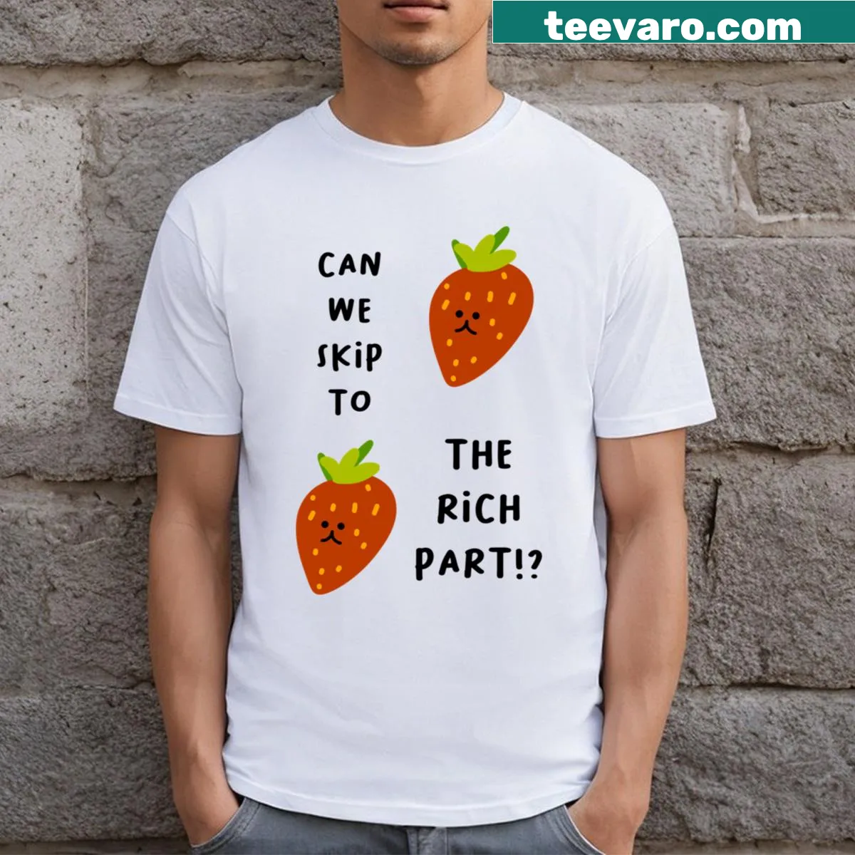 Playful T-shirt with a strawberry illustration and a humorous phrase. — on a men's t-shirt