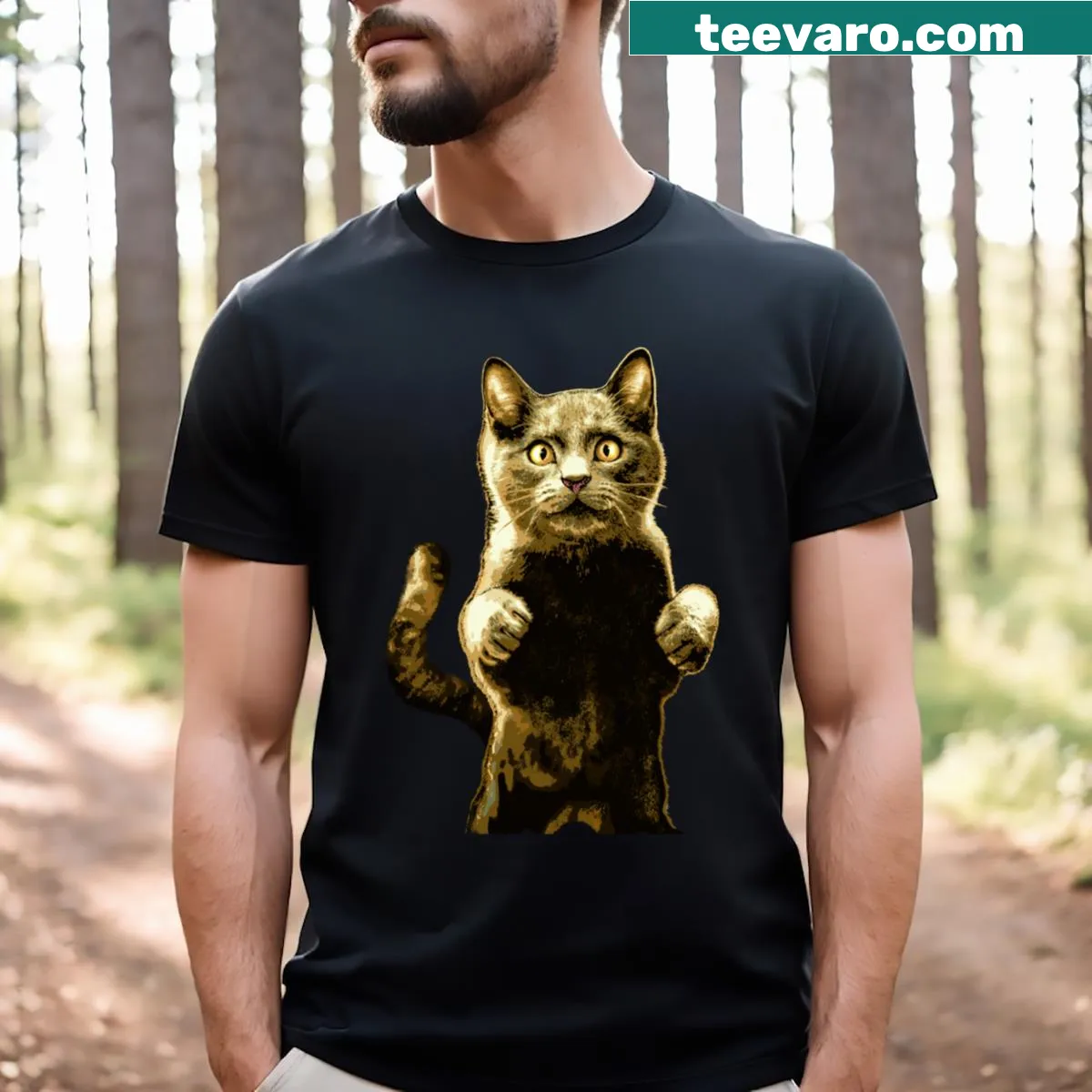 Graphic t-shirt with the word Cat repeated in playful designs — on a men's t-shirt