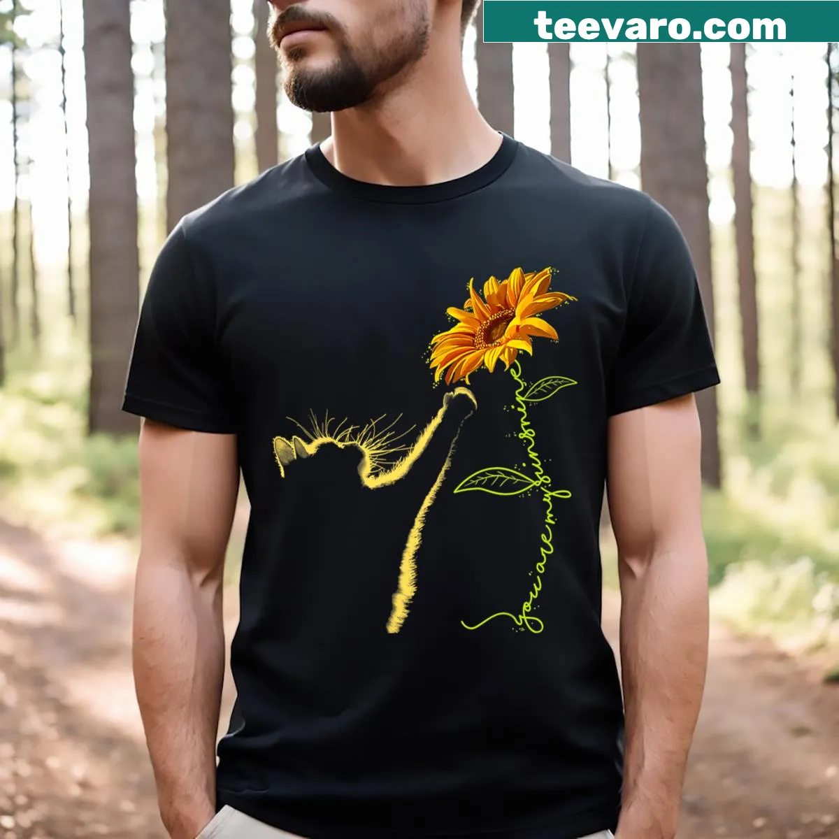 T-shirt featuring a cat surrounded by sunflowers, ideal for cat lovers — on a men's t-shirt