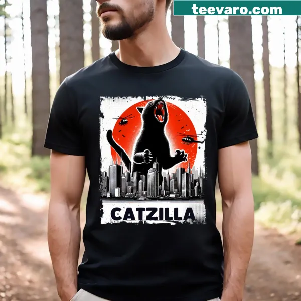 Funny 'Catzilla' text graphic T-shirt for cat lovers