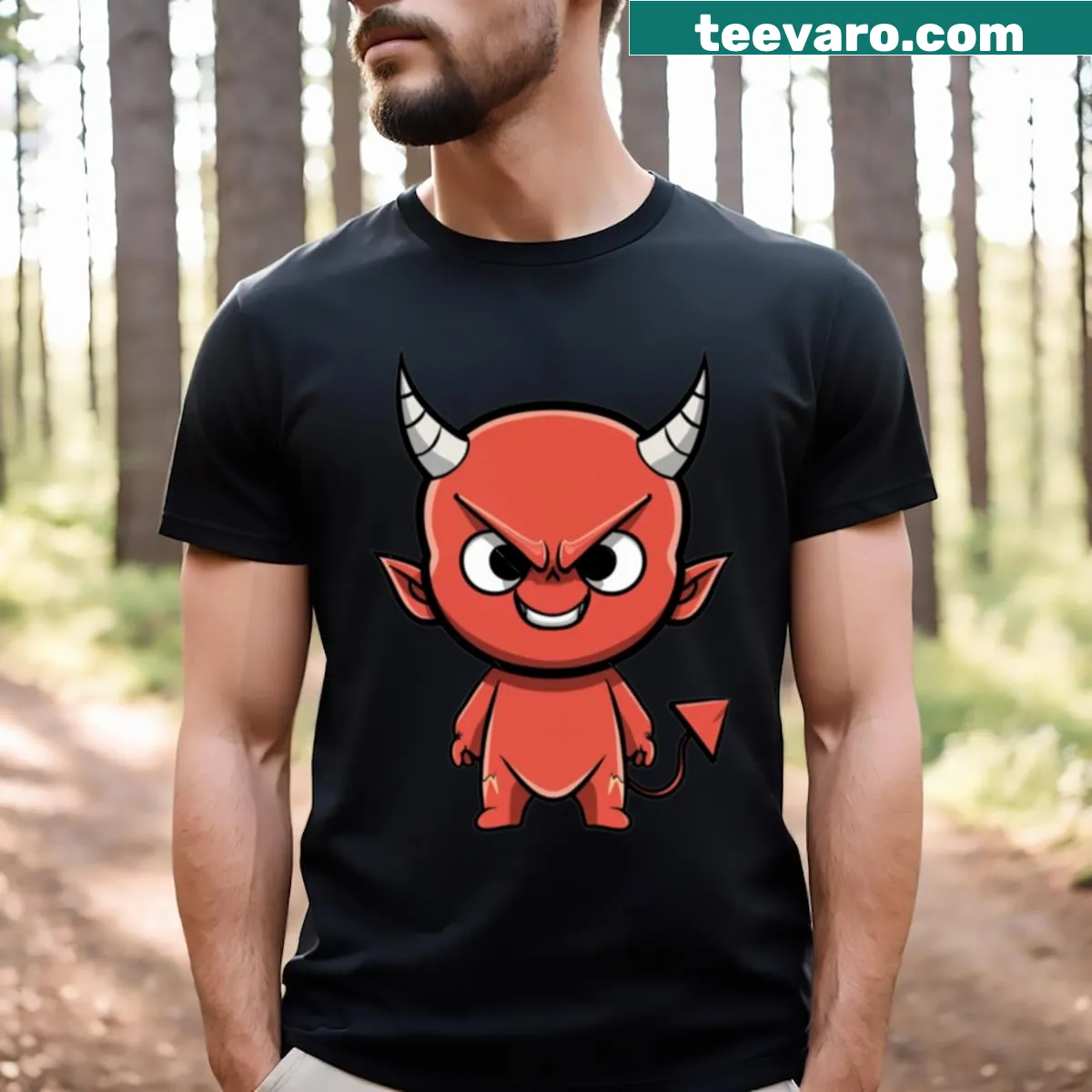 Cartoon red Chibi devil T-shirt with playful design — on a men's t-shirt