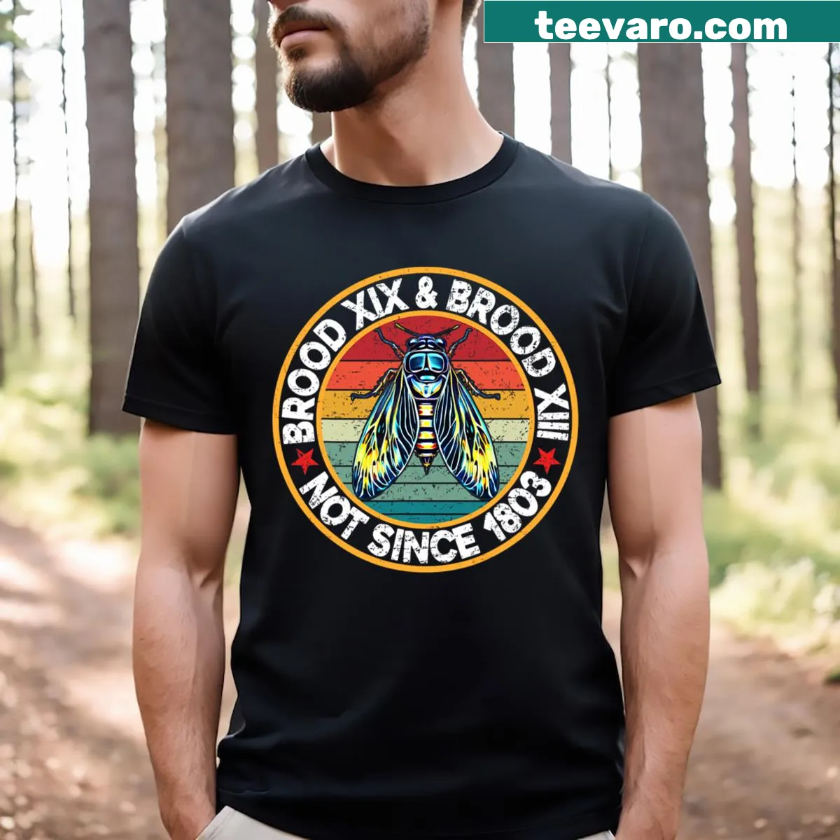 Cicada T-shirt featuring Brood Xiii & Xix design — on a men's t-shirt