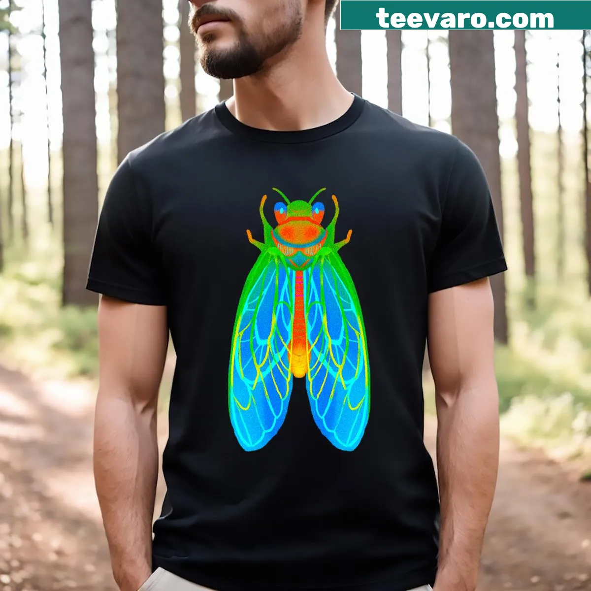 Illustrated t-shirt featuring cicadas, celebrating the insect invasion — on a men's t-shirt