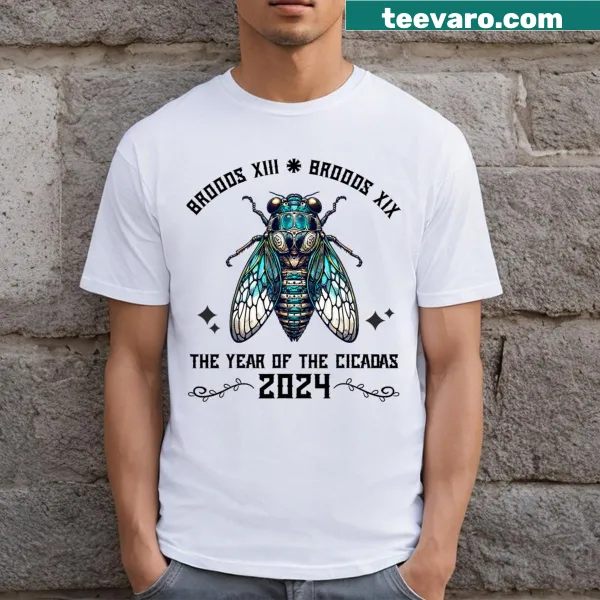 Illustrative T-shirt design celebrating cicadas with Brood Xix and Brood Xiii