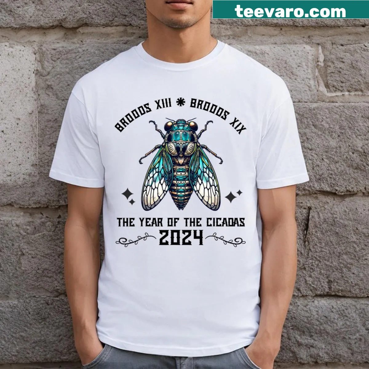 Illustrative T-shirt design celebrating cicadas with Brood Xix and Brood Xiii — on a men's t-shirt