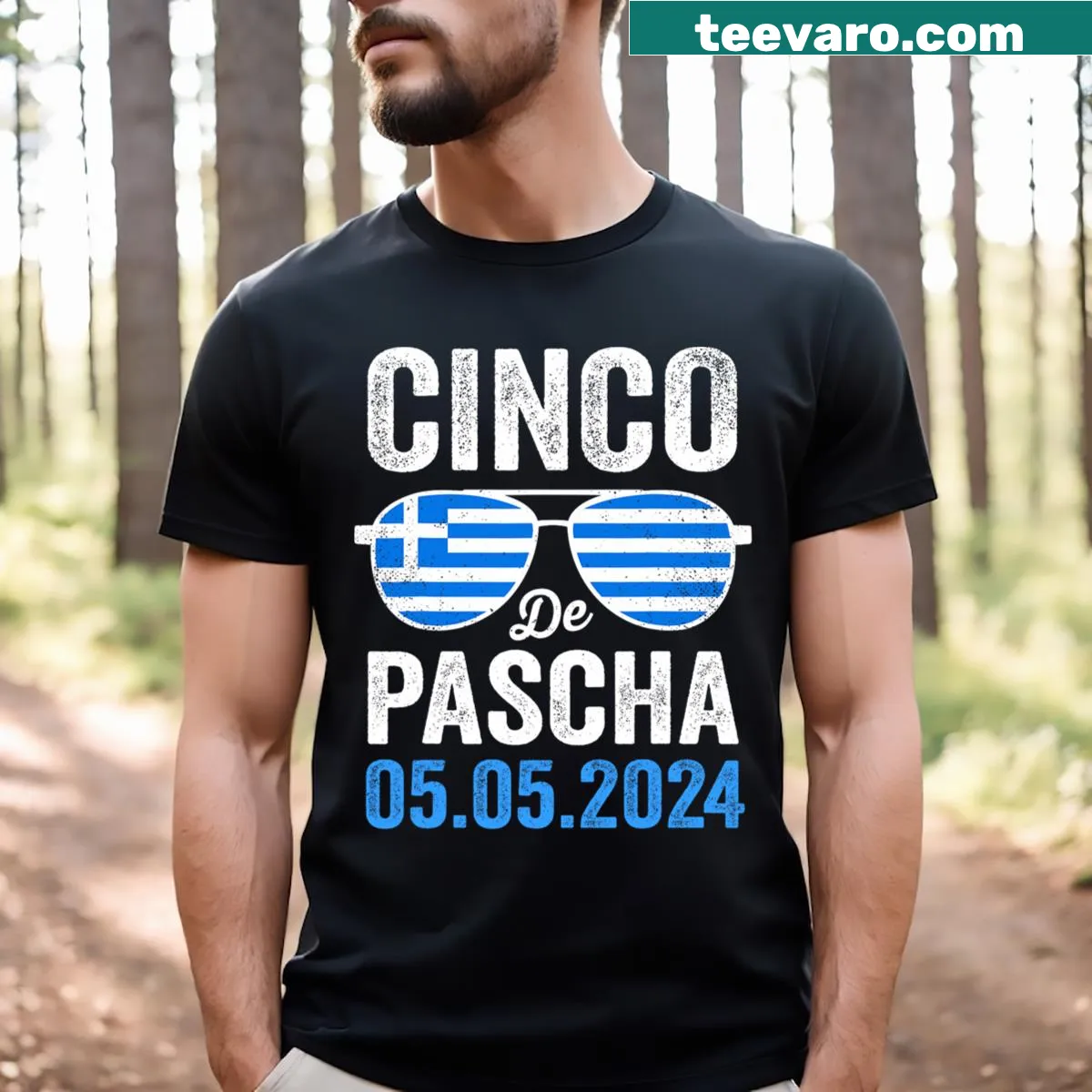 Cinco De Pascha shirt featuring Greece flag and Easter design — on a men's t-shirt