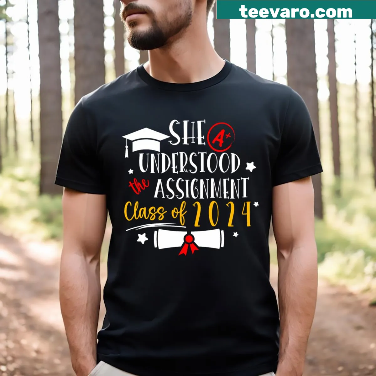 Funny graduation t-shirt for Class of 2024 with playful typography — on a men's t-shirt
