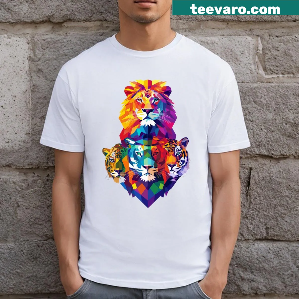 T-shirt with colorful illustrations of big cats showcasing wildlife — on a men's t-shirt