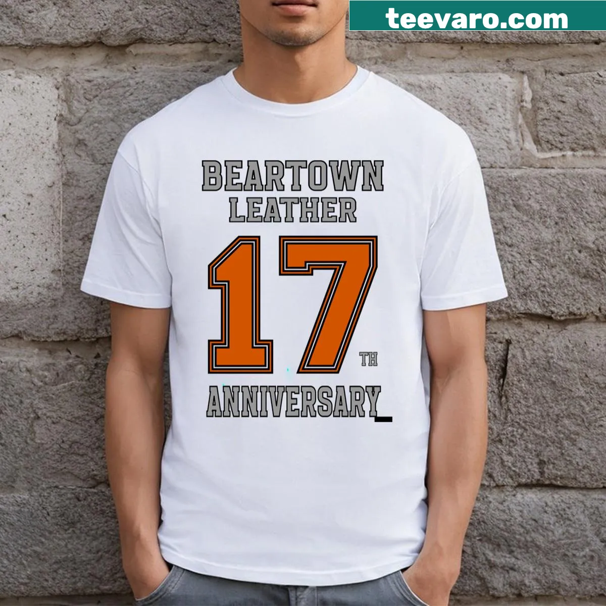 Beartown Leather 17 years celebration T-shirt — on a men's t-shirt