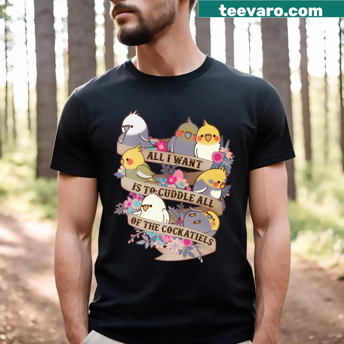 Illustration of cuddling cockatiels on a T-shirt — on a men's t-shirt