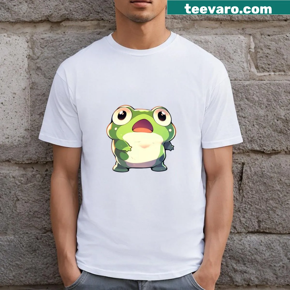Funny froggy character with a big mouth cartoon design on a t-shirt — on a men's t-shirt