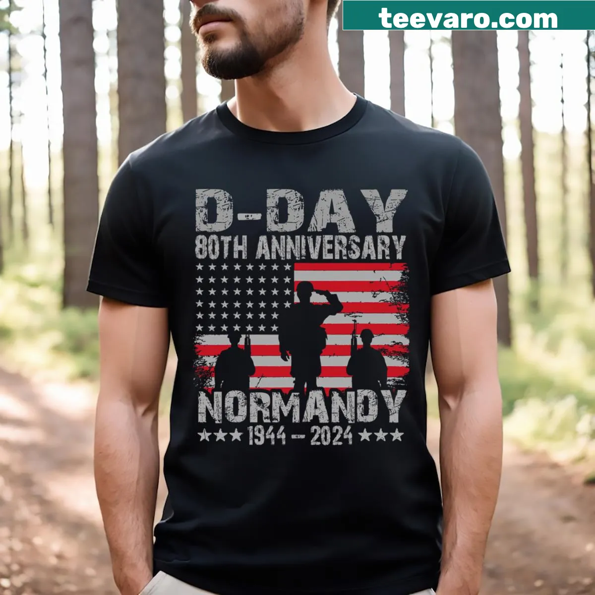 D-Day 80th Anniversary T-shirt with US flag and Normandy design — on a men's t-shirt