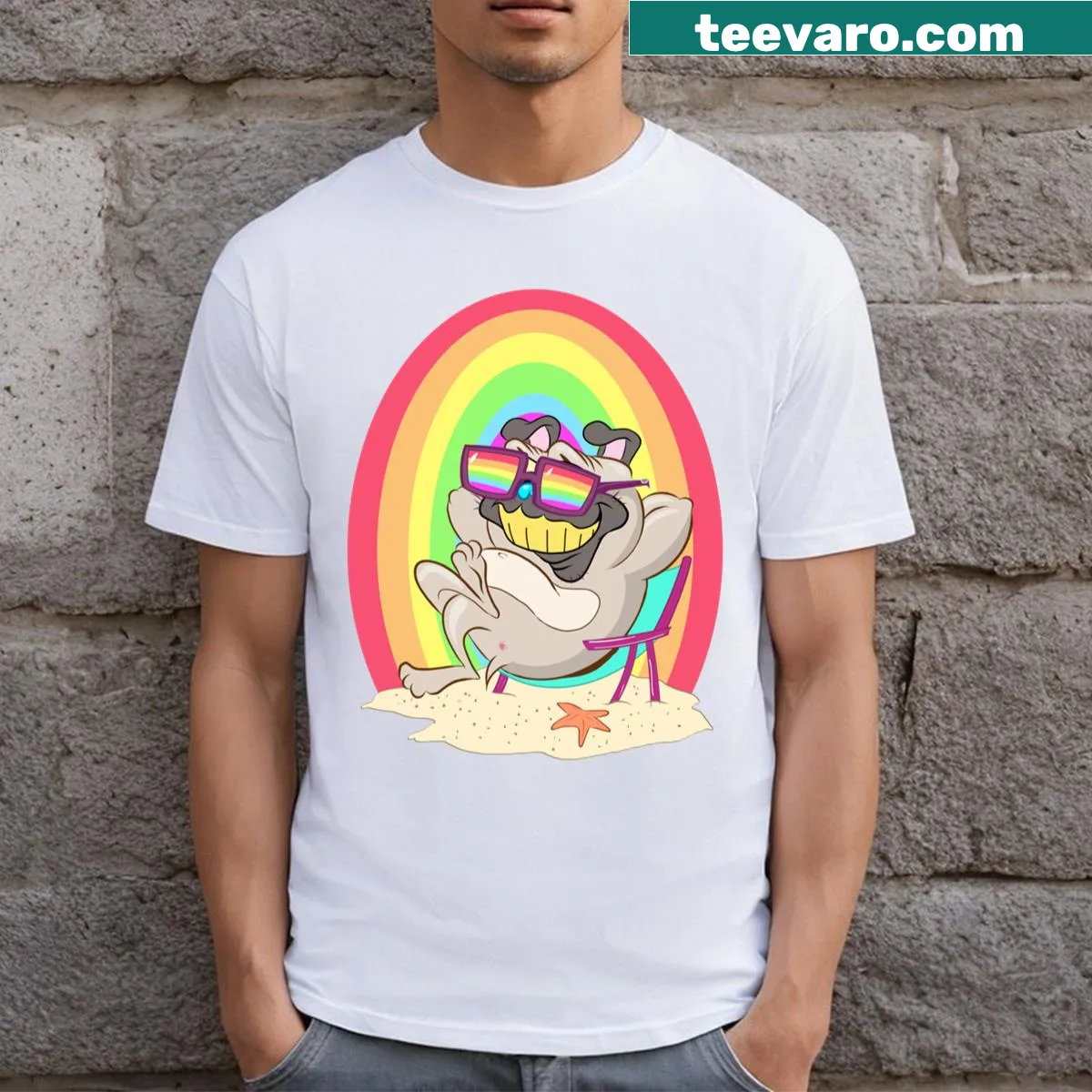 Cute dog at the beach with a rainbow flag illustration — on a men's t-shirt