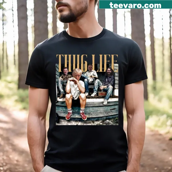 T-shirt featuring playful text 'Thug Life' with Donald Trump theme