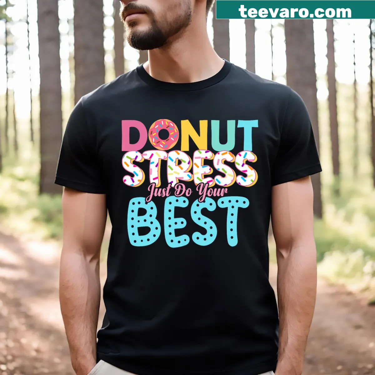 Humorous teacher t-shirt with donut graphic and motivational saying — on a men's t-shirt